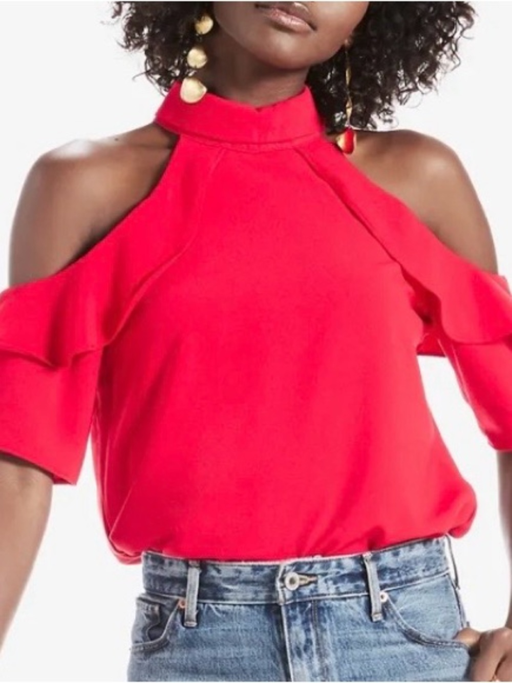 Lucky Brand Bright Red Cold-Shoulder Ruffle Mock-Neck Top